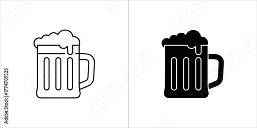 Outline and filled silhouette of a mug of beer with foam