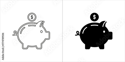 Piggy bank with coin icons in outline and solid black