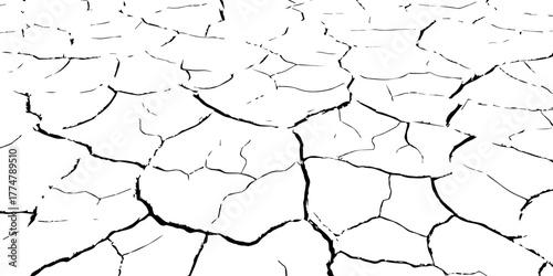 Black and white cracked dry soil texture, drought surface pattern background, broken earth desert land illustration, climate change environmental disaster concept, cracked ground abstract design.