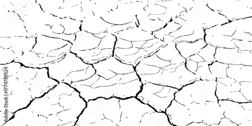 Black and white cracked dry soil texture, drought surface pattern background, broken earth desert land illustration, climate change environmental disaster concept, cracked ground abstract design.