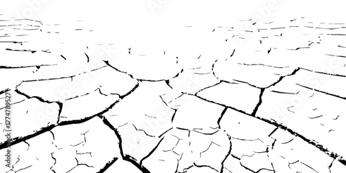 Black and white cracked dry soil texture, drought surface pattern background, broken earth desert land illustration, climate change environmental disaster concept, cracked ground abstract design.