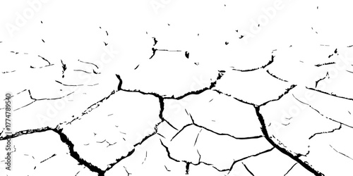 Black and white cracked dry soil texture, drought surface pattern background, broken earth desert land illustration, climate change environmental disaster concept, cracked ground abstract design.