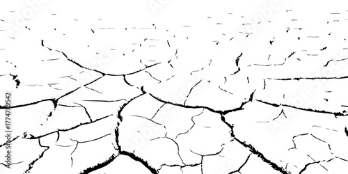 Black and white cracked dry soil texture, drought surface pattern background, broken earth desert land illustration, climate change environmental disaster concept, cracked ground abstract design.