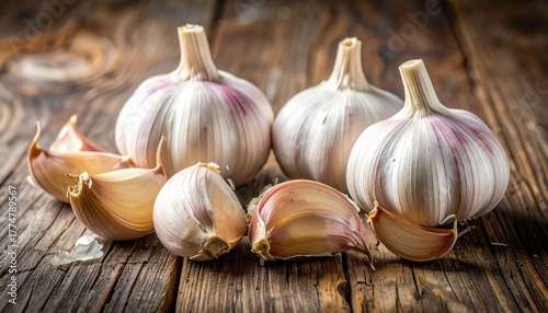 Fresh garlic bulbs and cloves arranged on a rustic wooden surface, Generated with AI.