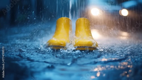 Yellow Rubber Boots Standing in Heavy Rain With Splashing Water, Low Angle Shot