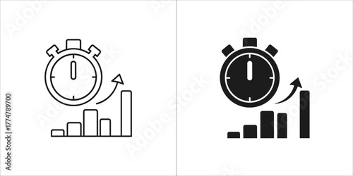 Stopwatch and bar chart icon showing growth, line art and solid
