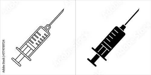 Medical syringe icon in outline and solid black style