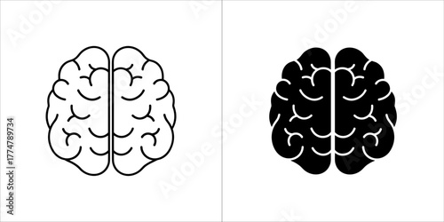 Two stylized icons of a human brain, one in outline and one in silhouette