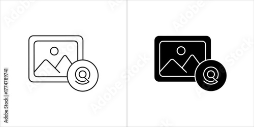 Picture frame icon with a mountain landscape and a circular symbol