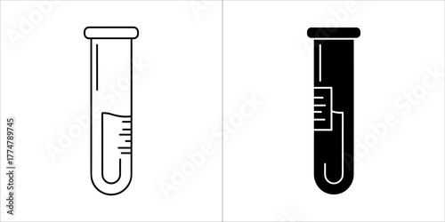 Two stylized icons of a test tube, one in outline and one in silhouette