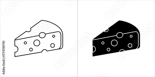 A wedge of swiss cheese with holes, shown in outline and solid black on a
