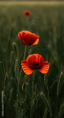 Red poppy flowers blooming peacefully in a sunny meadow, symbolizing calm and tranquil summer days, botany, meadow, colorful
