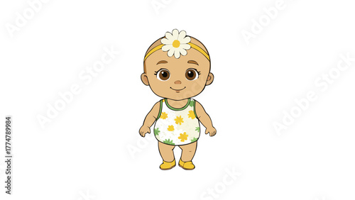 Cartoon baby in floral romper with daisy headband