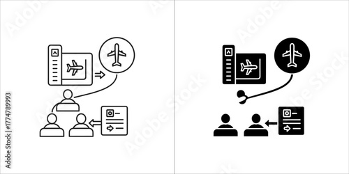 Airport passenger flow diagram, airline travel process, people queuing for boarding