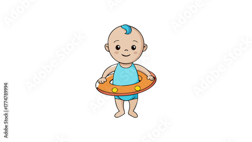 Cartoon baby in swimsuit holding inflatable float ring