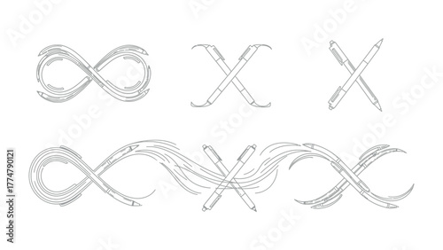 Endless Pen Strokes: A creative arrangement showcases flowing lines that shape infinity symbol and intersecting pens, representing infinite potential and collaboration. 