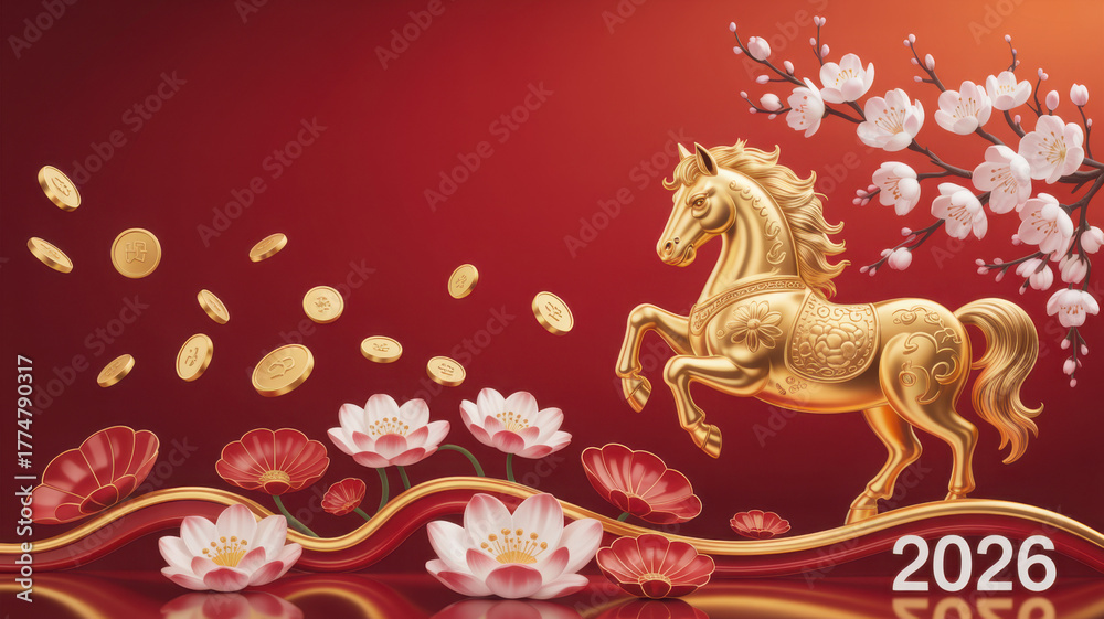 Fototapeta premium Golden horse with blossoms and coins: symbol of prosperity for 2026