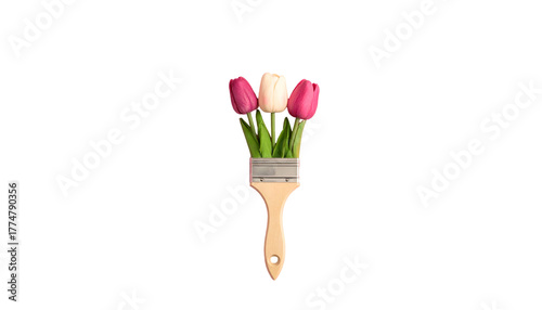 Bouquet of tulips bursting from a paintbrush, set against a stark black background