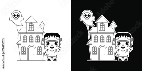 Cute cartoon frankenstein monster in front of haunted house with ghost balloon, halloween theme, isolated on white background