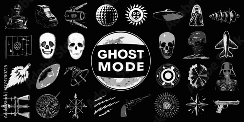 Collection of diverse graphic icons including skulls spaceships weapons and abstract symbols on a black background