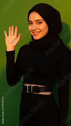 Beautiful Middle Eastern girl smiling confidently and waving, wearing a black modern outfit, standing in front of a green background, golden hour lighting, cinematic realism