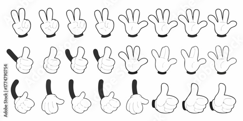 Collection of cartoon hands making various gestures including peace signs thumbs up and open palms