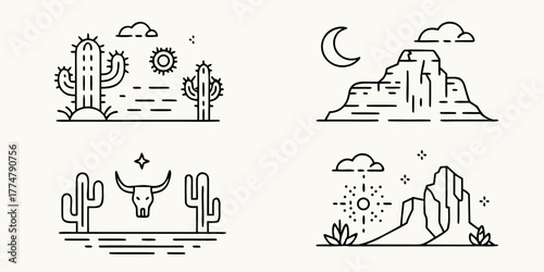 Set of minimalist line art illustrations depicting desert landscapes with cacti mountains sun moon and a bull skull