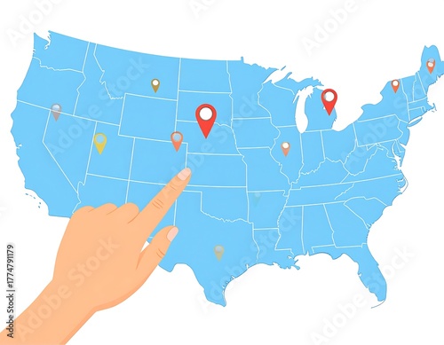 A hand pointing at a map of the United States with location markers