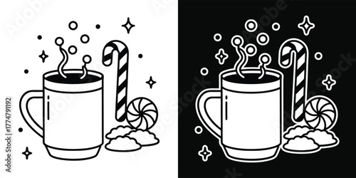 A cozy mug of hot cocoa with candy cane and cookies, perfect for winter holidays, isolated on white background