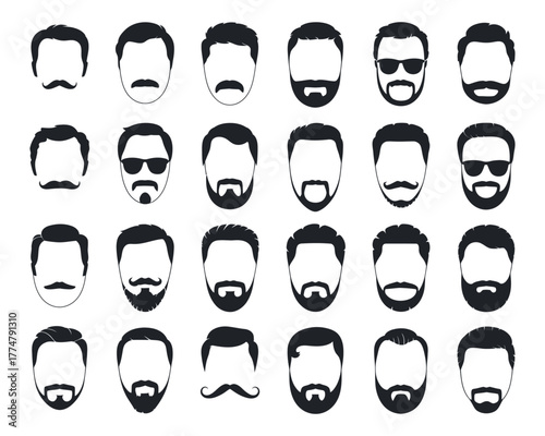 Different Styles of Men's Hair and Beards Vector Illustration