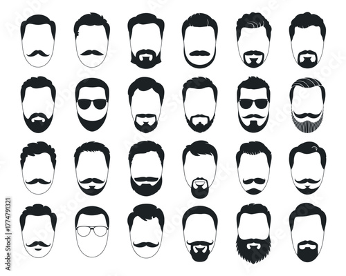 A comprehensive collection of diverse male facial hair styles, showcasing various beard and mustache trends from classic to modern, ideal for fashion, grooming, and men's style concepts
