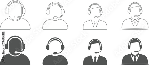 A set of call center operator symbol shown in various outline, flat and silhouette style vector design for customer service and support