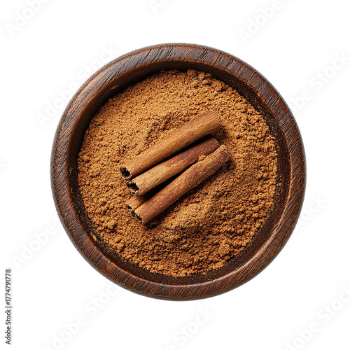 A bowl overflows with fragrant cinnamon powder Isolated transparent on white background