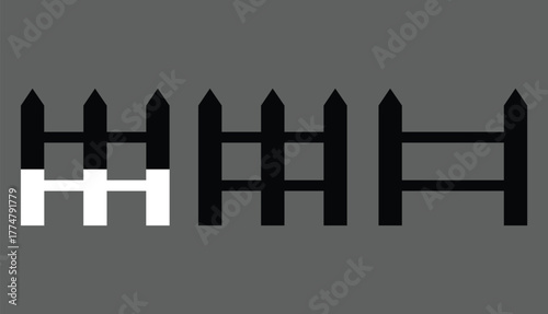 A simple illustration of three sections of a fence with one section being partially white colored vector