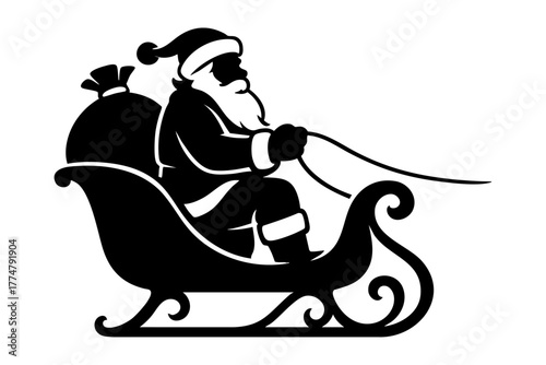 Black Silhouette of Santa Claus in Sleigh with Gift Sack - Christmas Vector Icon