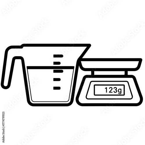 Illustration of a measuring jug next to a digital scale displaying 123g, representing kitchen measurements and cooking equipment