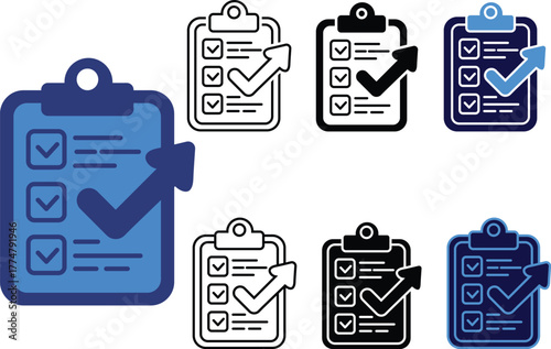  Clipboard checklist represents completed tasks and successful task management outline, flat and silhouette style vector design