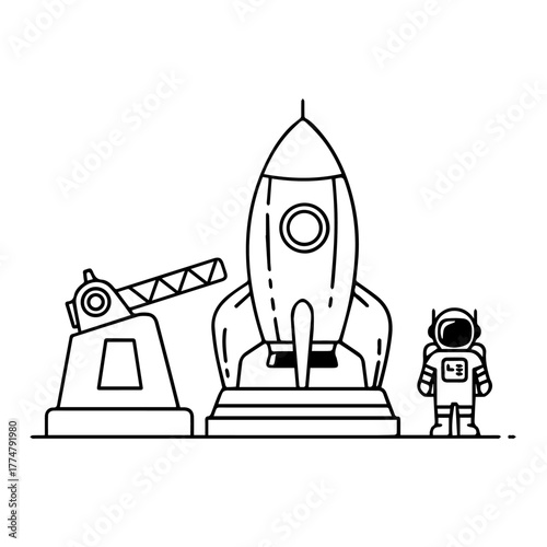 Astronaut and Rocket Near Launchpad in a Futuristic Setting