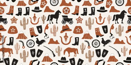 Seamless pattern of rustic western cowboy icons in a playful folk art style