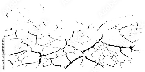 High contrast black and white cracked dry soil texture background, drought earth surface pattern, environmental climate change concept, abstract broken ground detail for nature design and illustration