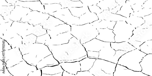 High contrast black and white cracked dry soil texture background, drought earth surface pattern, environmental climate change concept, abstract broken ground detail for nature design and illustration