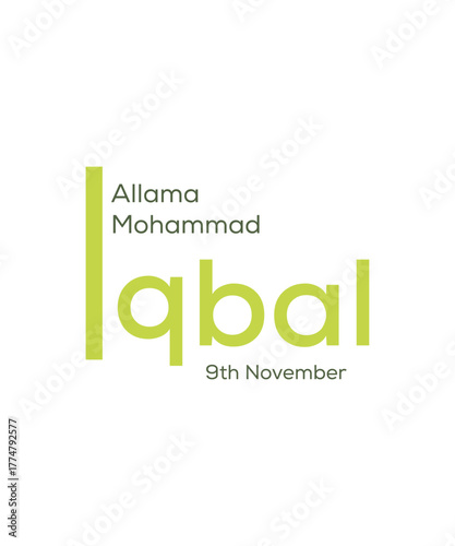 Allama iqbal day logo, 9 November. Iqbal Day poet of the east, minimalist graphic for cultural events, national celebrations, and historical awareness on Iqbal day in November
