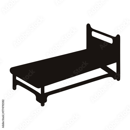 Silhouette of a simple bed with headboard on a white background