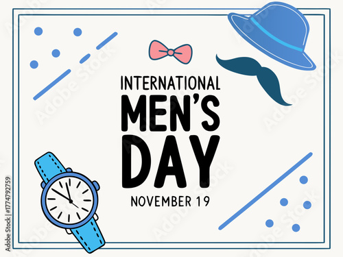 International Mens Day Illustration with Hat Bowtie Mustache Watch and Date November 19th in Blue
