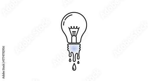 Abstract vector icon depicting a lightbulb with its base melting and dripping, symbolizing the fluid nature of ideas, creative transformation, or the dissolution of an innovative concept