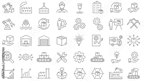 Industry supply chain management logistics manufacturing process automation line icons vector graphic design