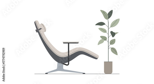 Minimalist recliner chair with side table and potted houseplant, a sleek illustration of modern comfort and tranquil relaxation in a contemporary home living space
