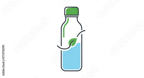 Clean line art depiction of a healthy water bottle with a natural leaf motif, emphasizing eco-conscious hydration and well-being for a greener planet