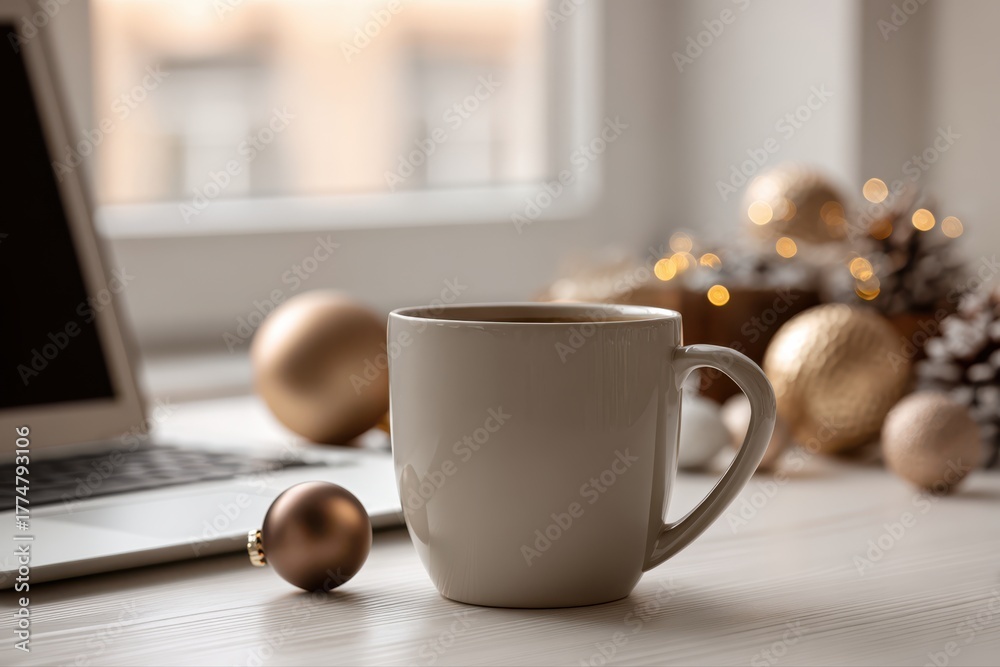 Fototapeta premium A modern office desk with a laptop and a white coffee cup placed on it, with Christmas decorations in the background.