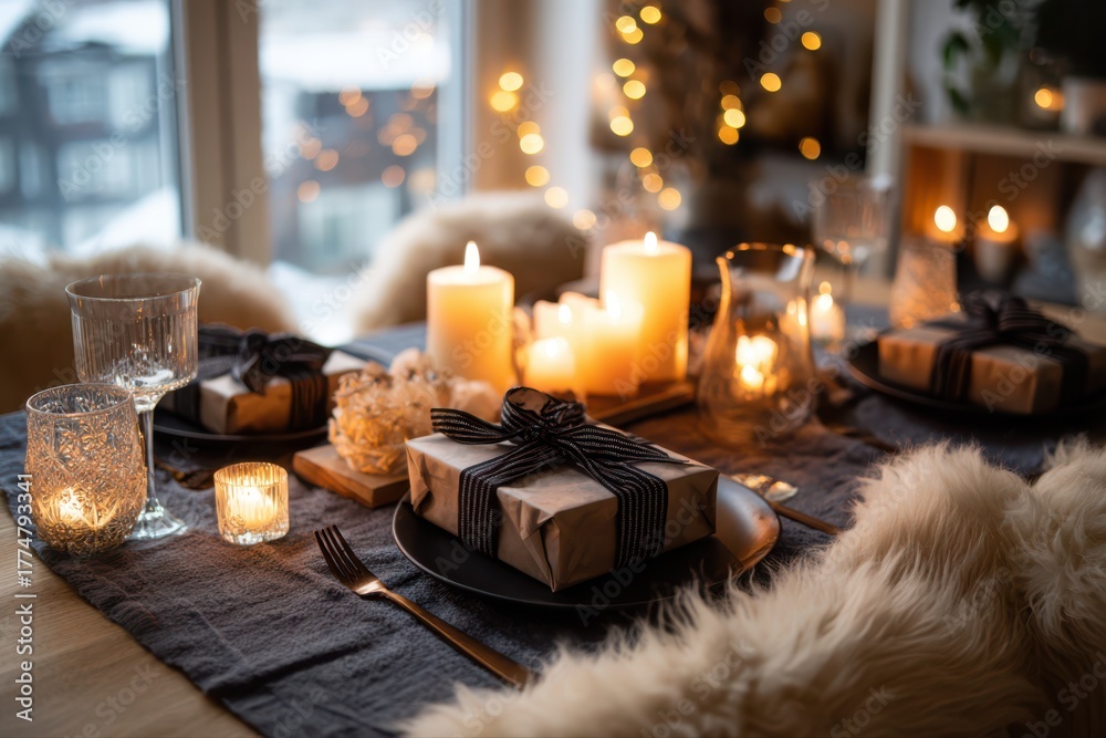 Obraz premium A festive dining table setup with a black and white table cloth, adorned with candles and gifts, creating a warm and cozy atmosphere.